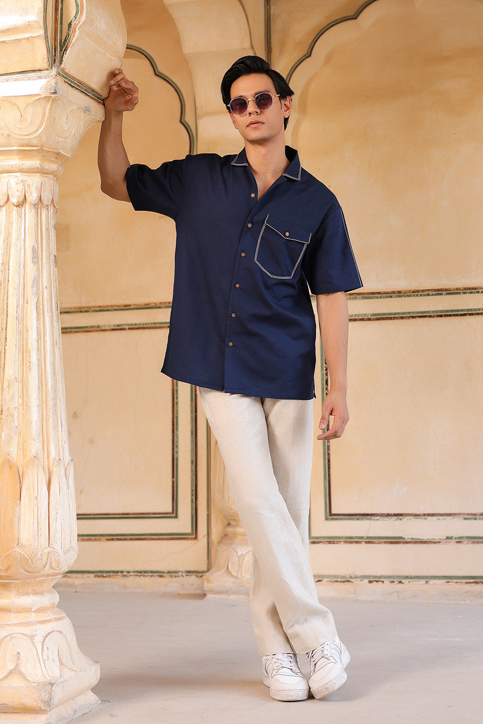 Navy Blue Cuban Collar Shirt