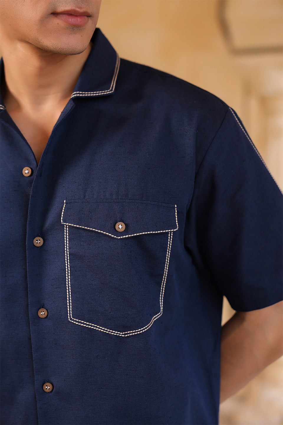 Navy Blue Cuban Collar Shirt