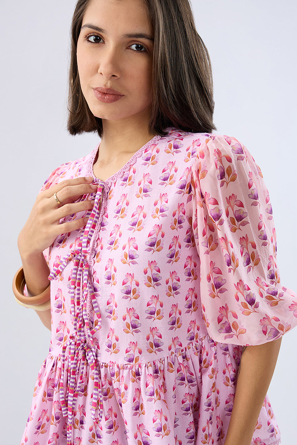 Pink Floral Tie-up Peplum Top