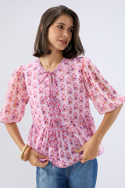 Pink Floral Tie-up Peplum Top