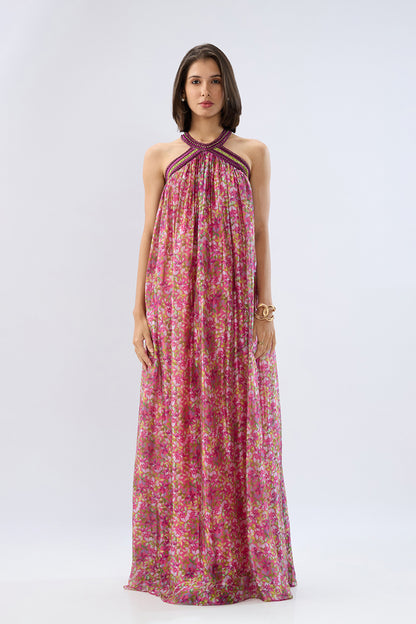 Pink Halter Neck Floral Maxi Dress
