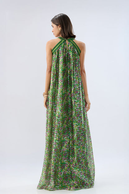 Dark Green Halter Neck Floral Maxi Dress