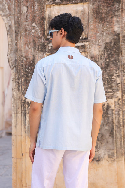 Light Blue Embroidered Cuban Collar Shirt Giraffe