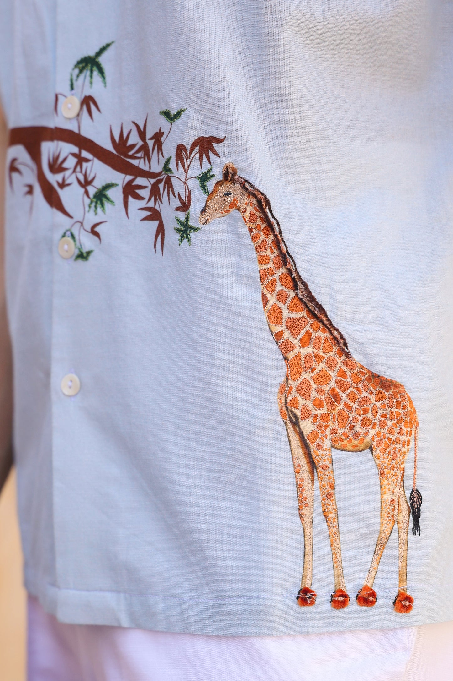 Light Blue Embroidered Cuban Collar Shirt Giraffe