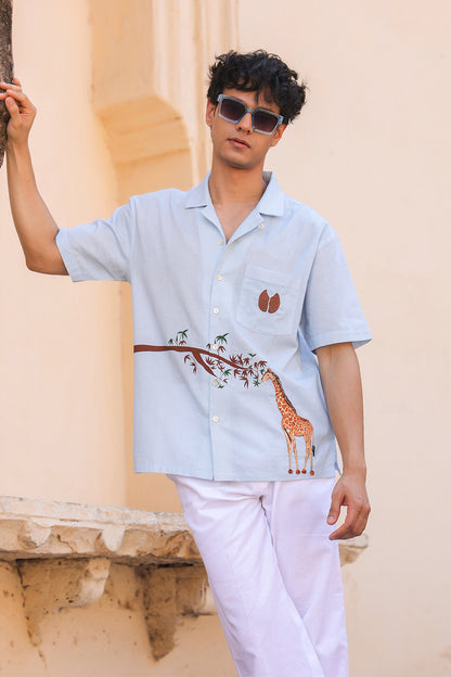 Light Blue Embroidered Cuban Collar Shirt Giraffe