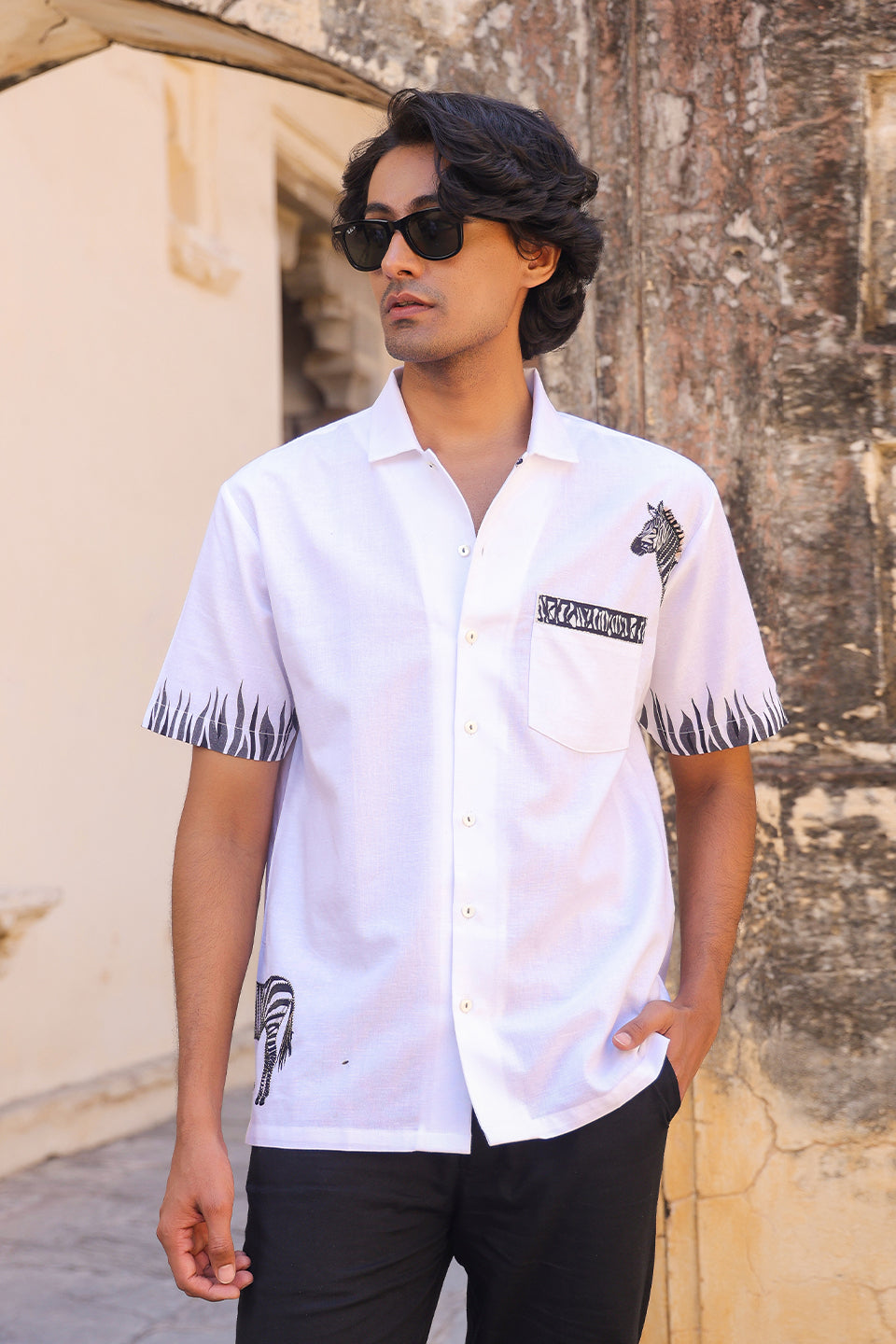 White Embroidered Cuban Collar Shirt Zebra