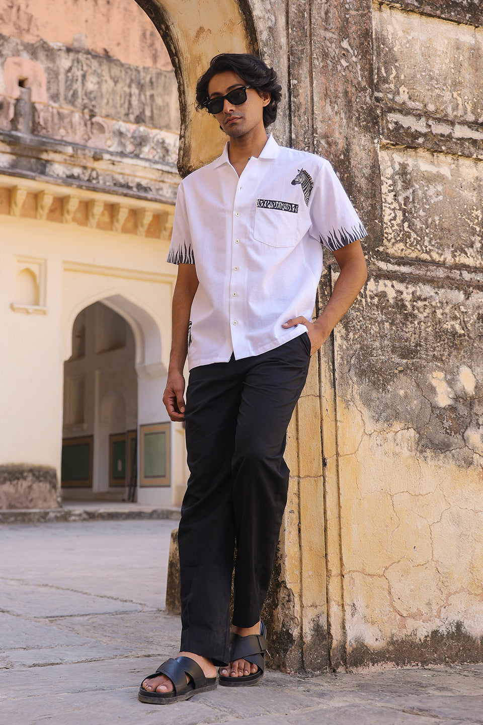 White Embroidered Cuban Collar Shirt Zebra