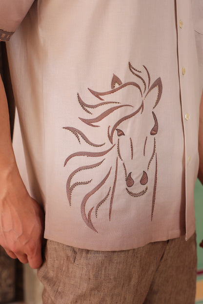 Light Brown Embroidered Cuban Collar Shirt Horse