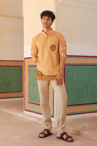 Mustard Embroidered Kurta Shirt Lion