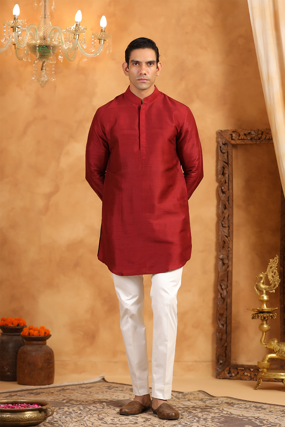 Red Raw Silk Kurta