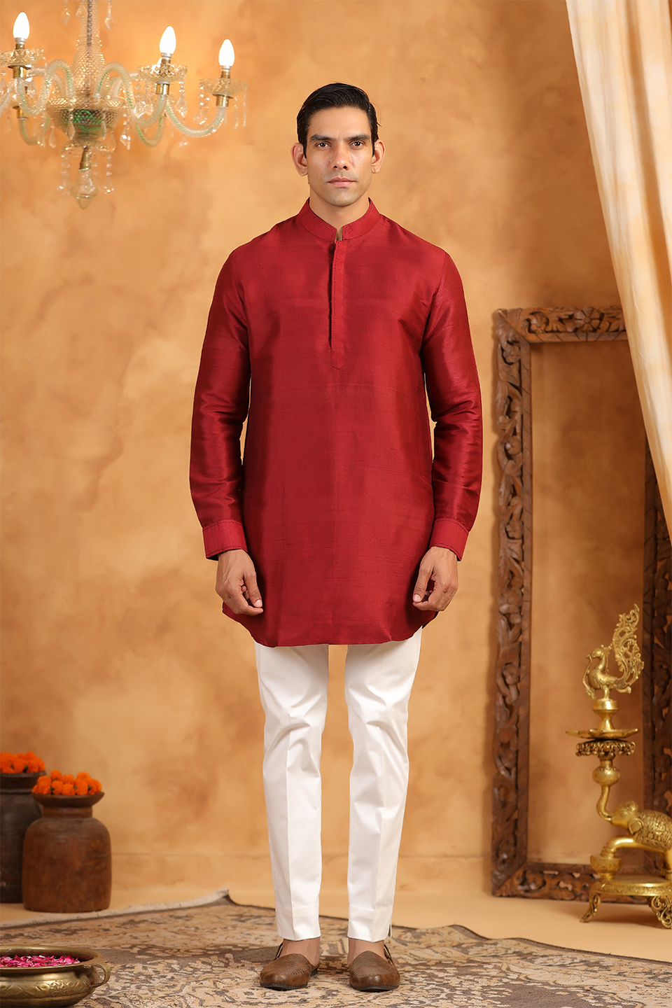 Red Raw Silk Kurta