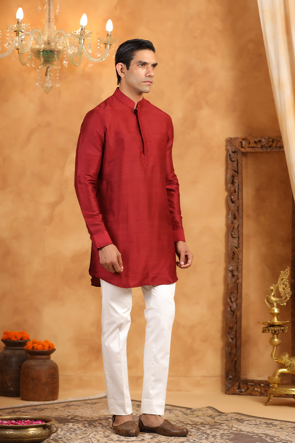 Red Raw Silk Kurta