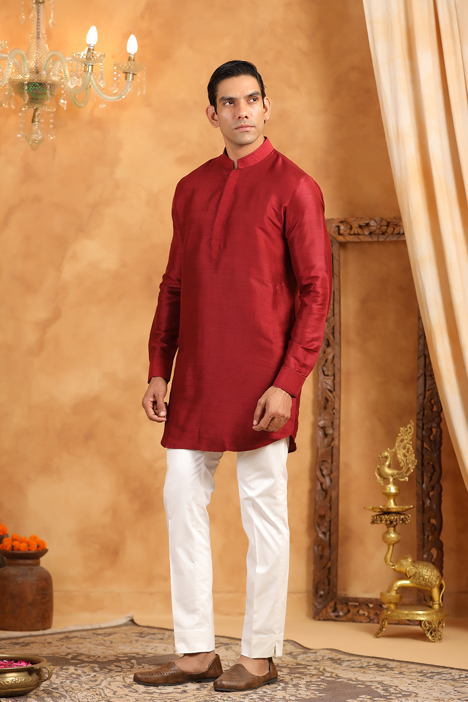 Red Raw Silk Kurta