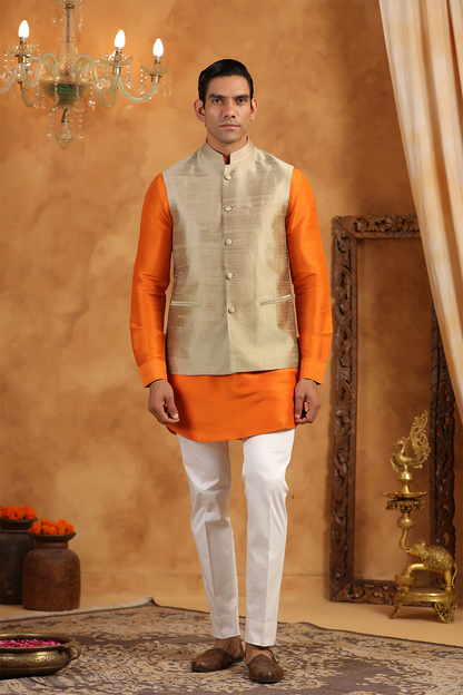 Rust Orange Raw Silk Kurta