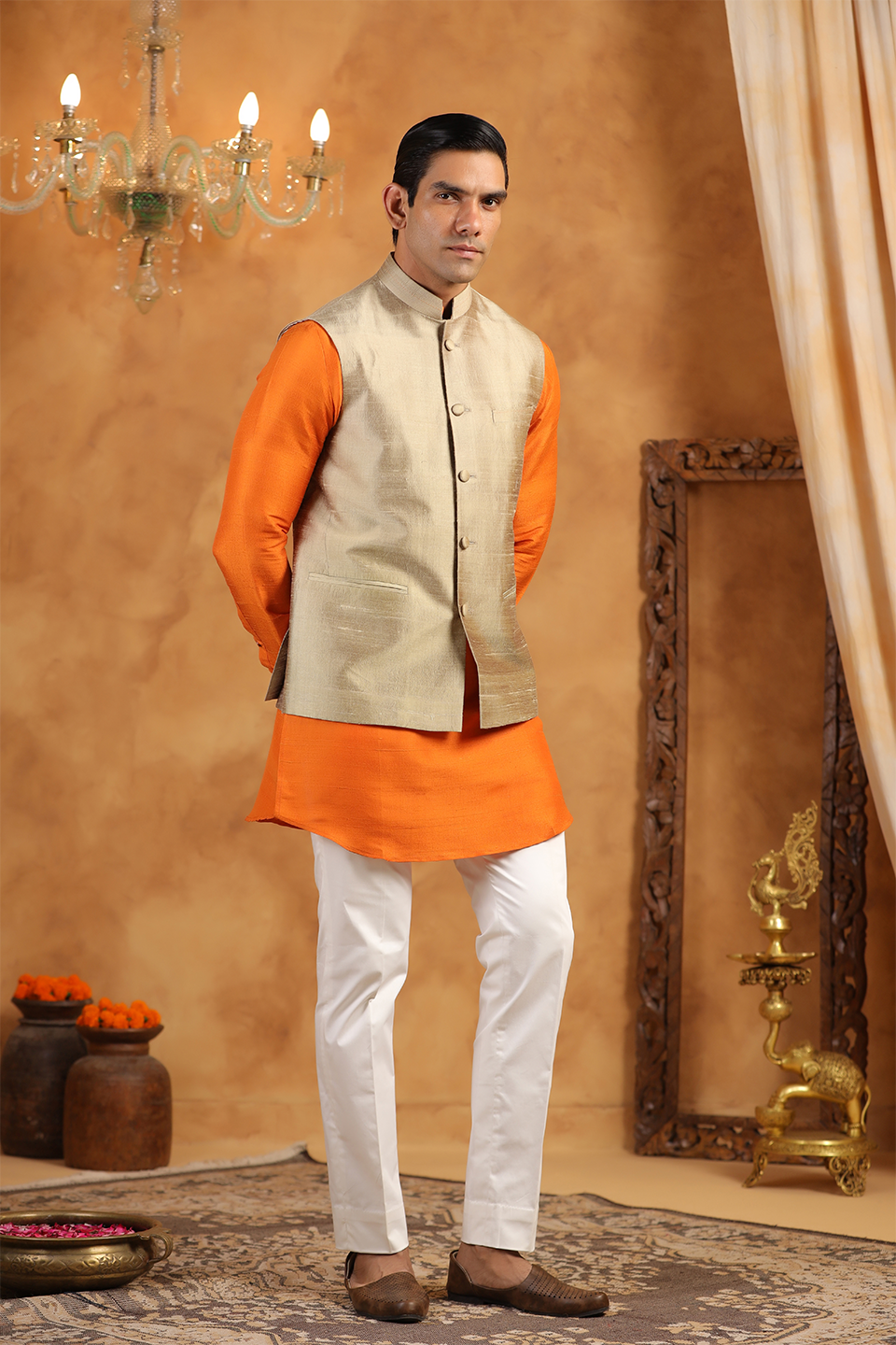 Rust Orange Raw Silk Kurta