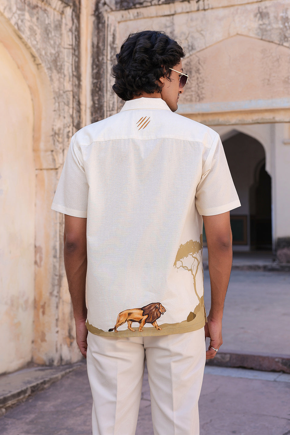 Yellow Embroidered Cuban Collar Shirt Lion