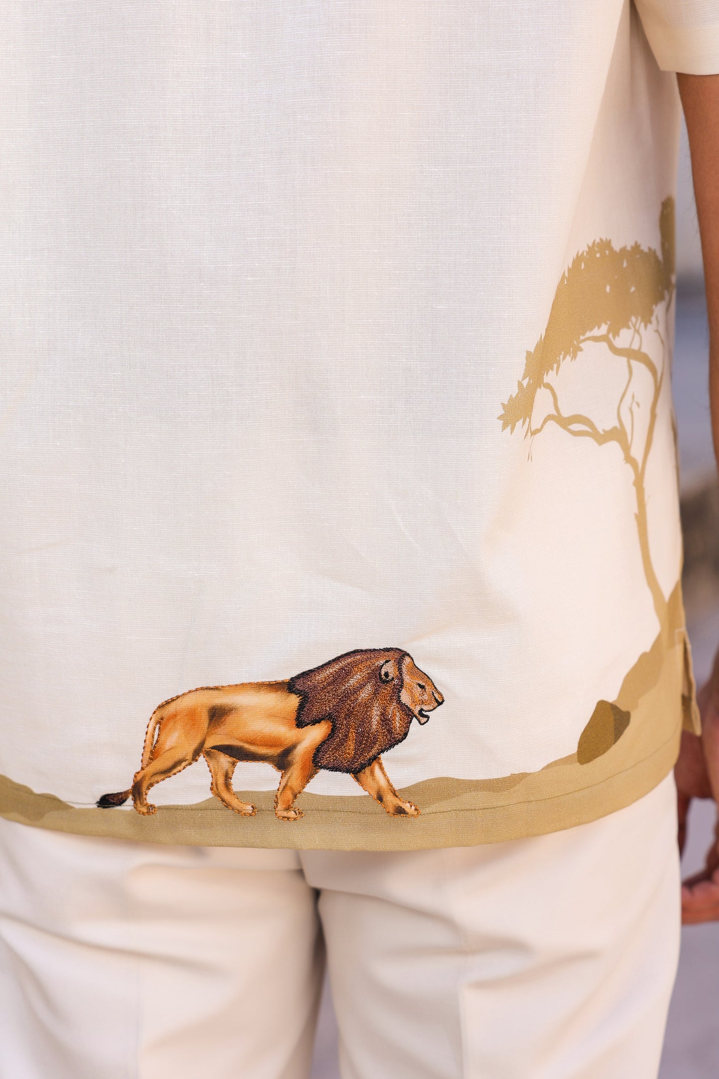 Yellow Embroidered Cuban Collar Shirt Lion