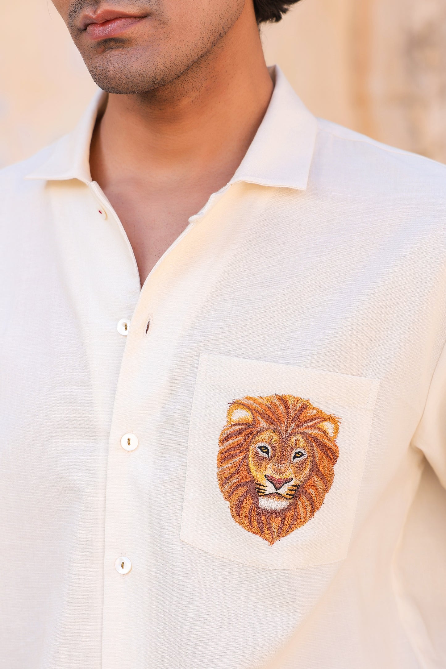 Yellow Embroidered Cuban Collar Shirt Lion