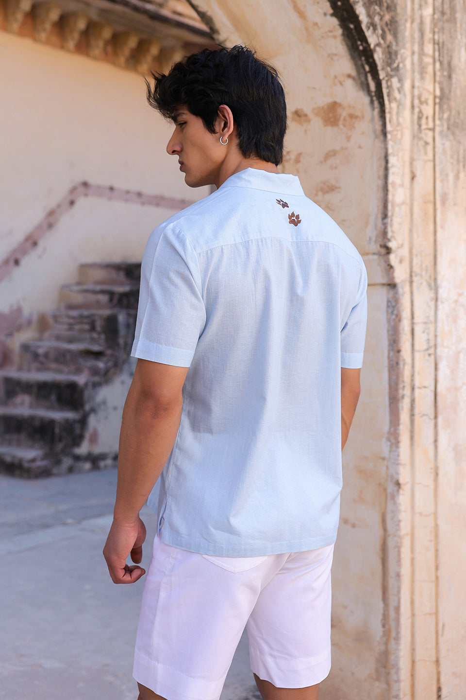 Light Blue Embroidered Cuban Collar Shirt Leopard