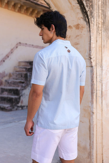 Light Blue Embroidered Cuban Collar Shirt Leopard