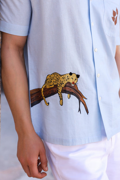 Light Blue Embroidered Cuban Collar Shirt Leopard