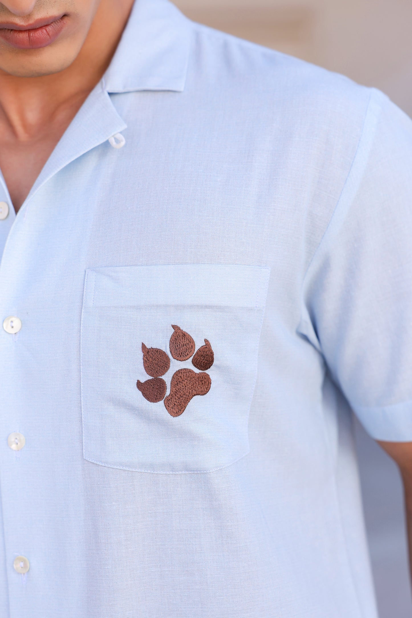 Light Blue Embroidered Cuban Collar Shirt Leopard