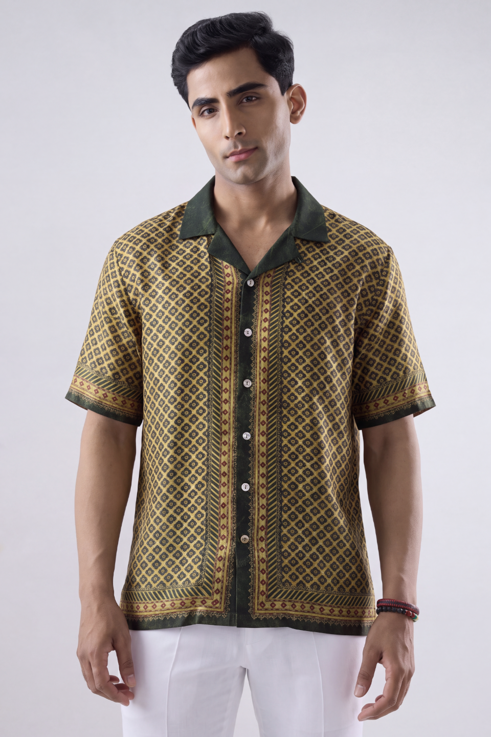 Olive Green Mosaic Silk Cuban Collar Shirt