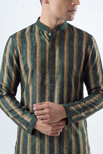 Olive Green Linear Silk Kurta