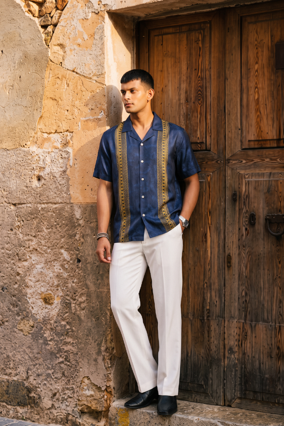 Blue Linear SIlk Cuban Collar Shirt