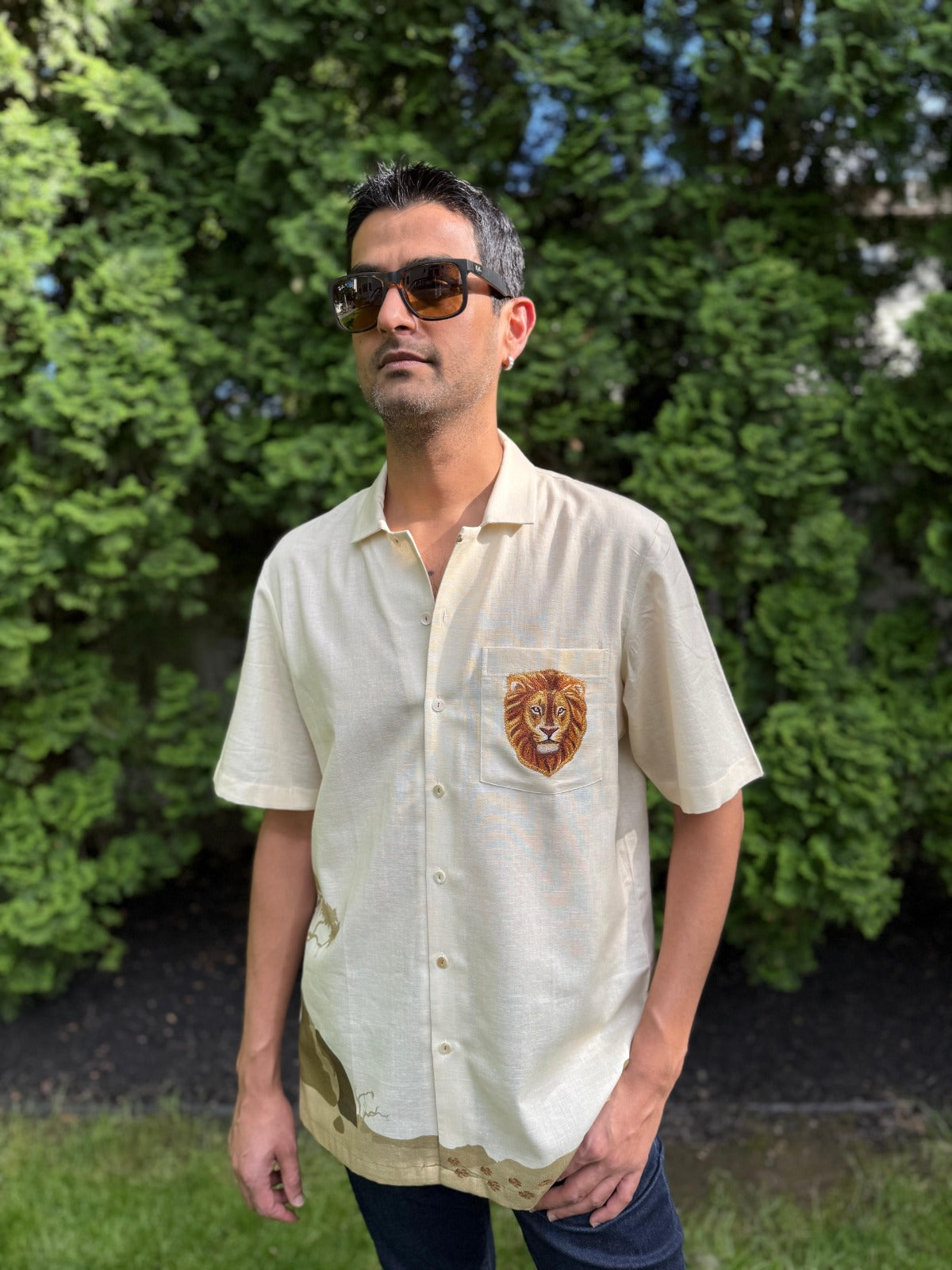 Yellow Embroidered Cuban Collar Shirt Lion