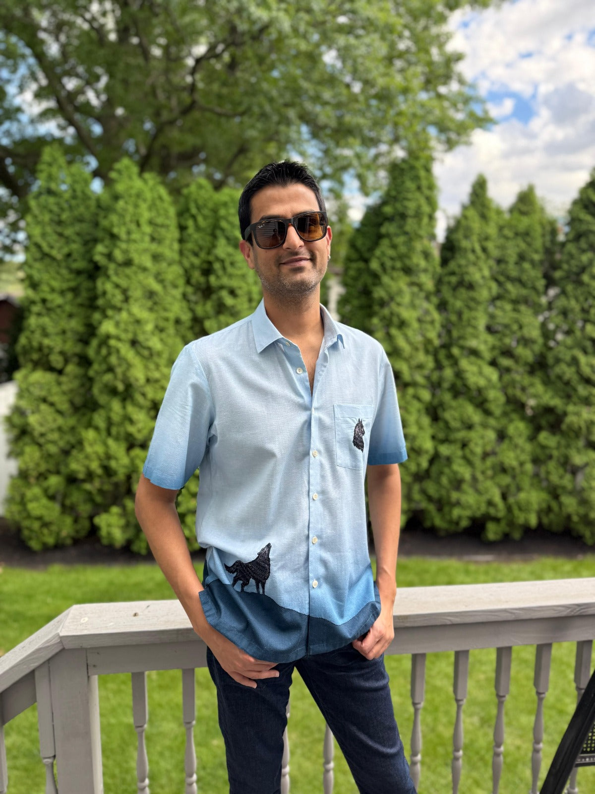 Blue Embroidered Cuban Collar Shirt Wolf