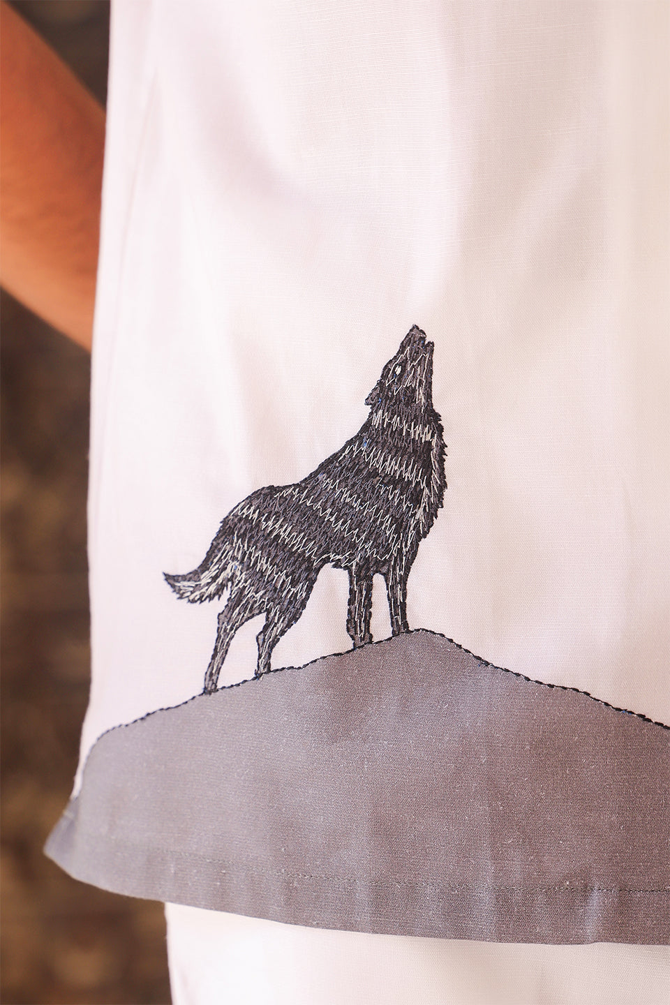 White Embroidered Cuban Collar Shirt Wolf