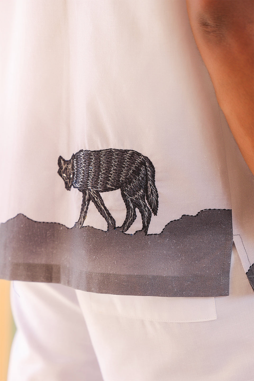 White Embroidered Cuban Collar Shirt Wolf