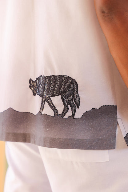 White Embroidered Cuban Collar Shirt Wolf