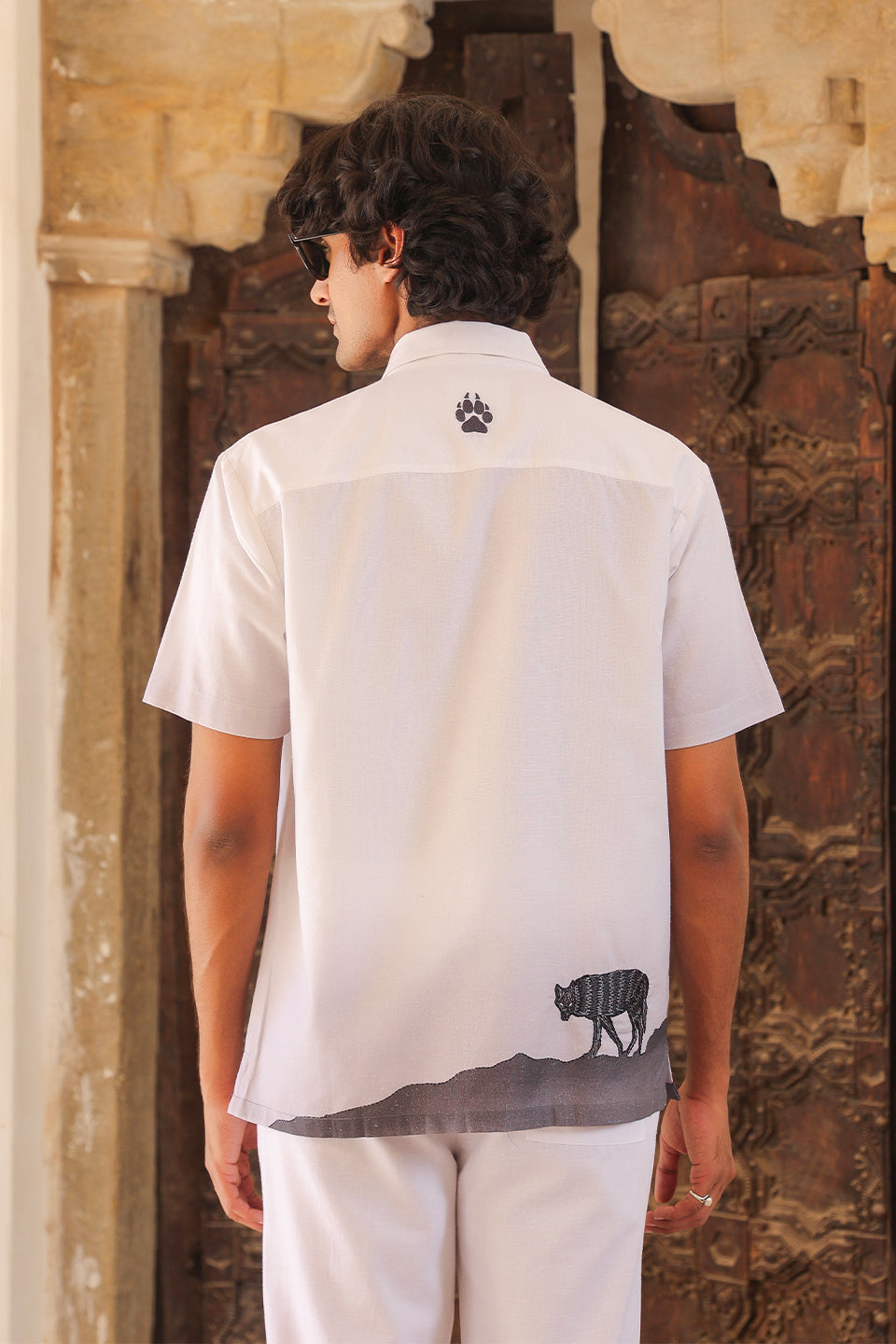 White Embroidered Cuban Collar Shirt Wolf
