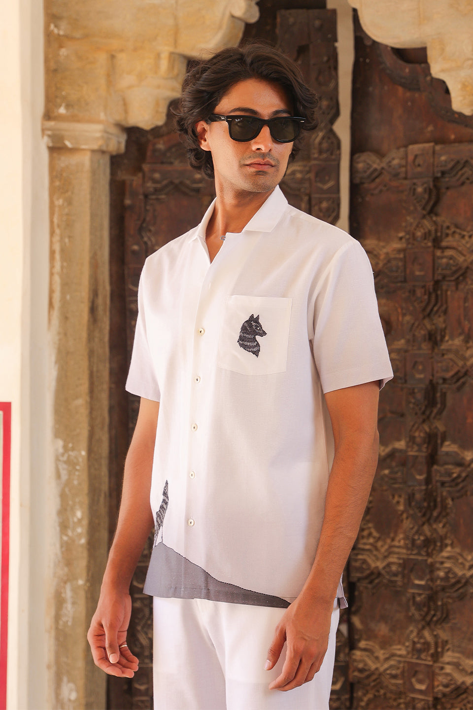 White Embroidered Cuban Collar Shirt Wolf