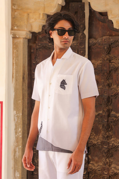 White Embroidered Cuban Collar Shirt Wolf