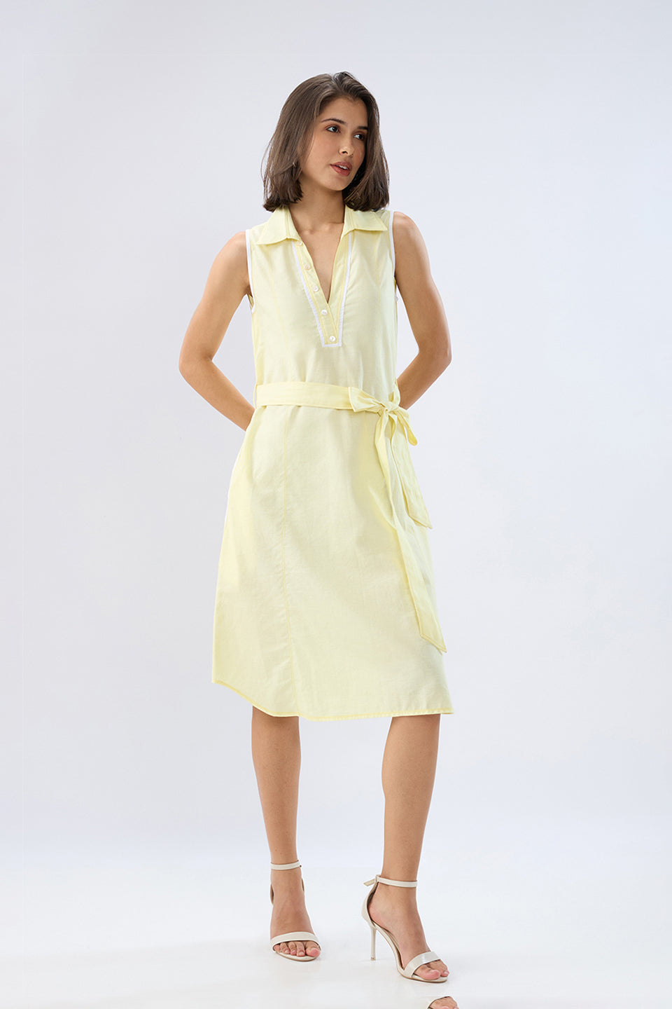 Yellow Sleeveless A-line tie-up dress