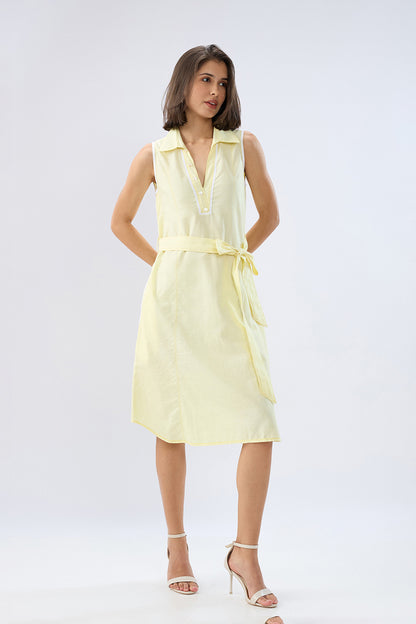 Yellow Sleeveless A-line tie-up dress