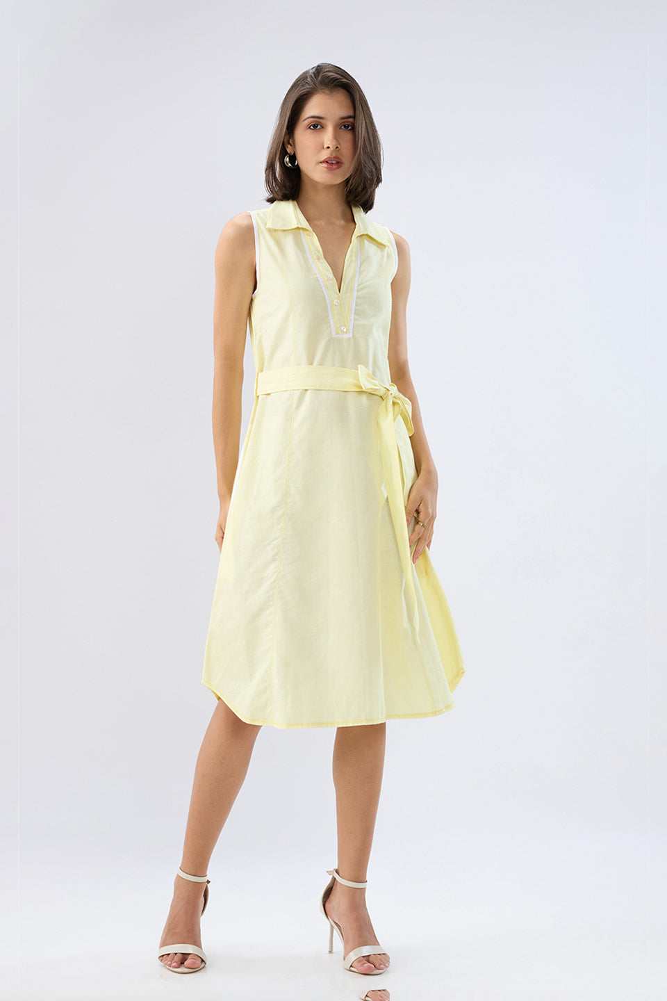 Yellow Sleeveless A-line tie-up dress