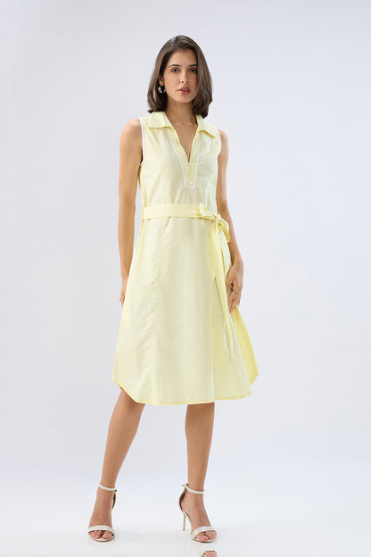 Yellow Sleeveless A-line tie-up dress