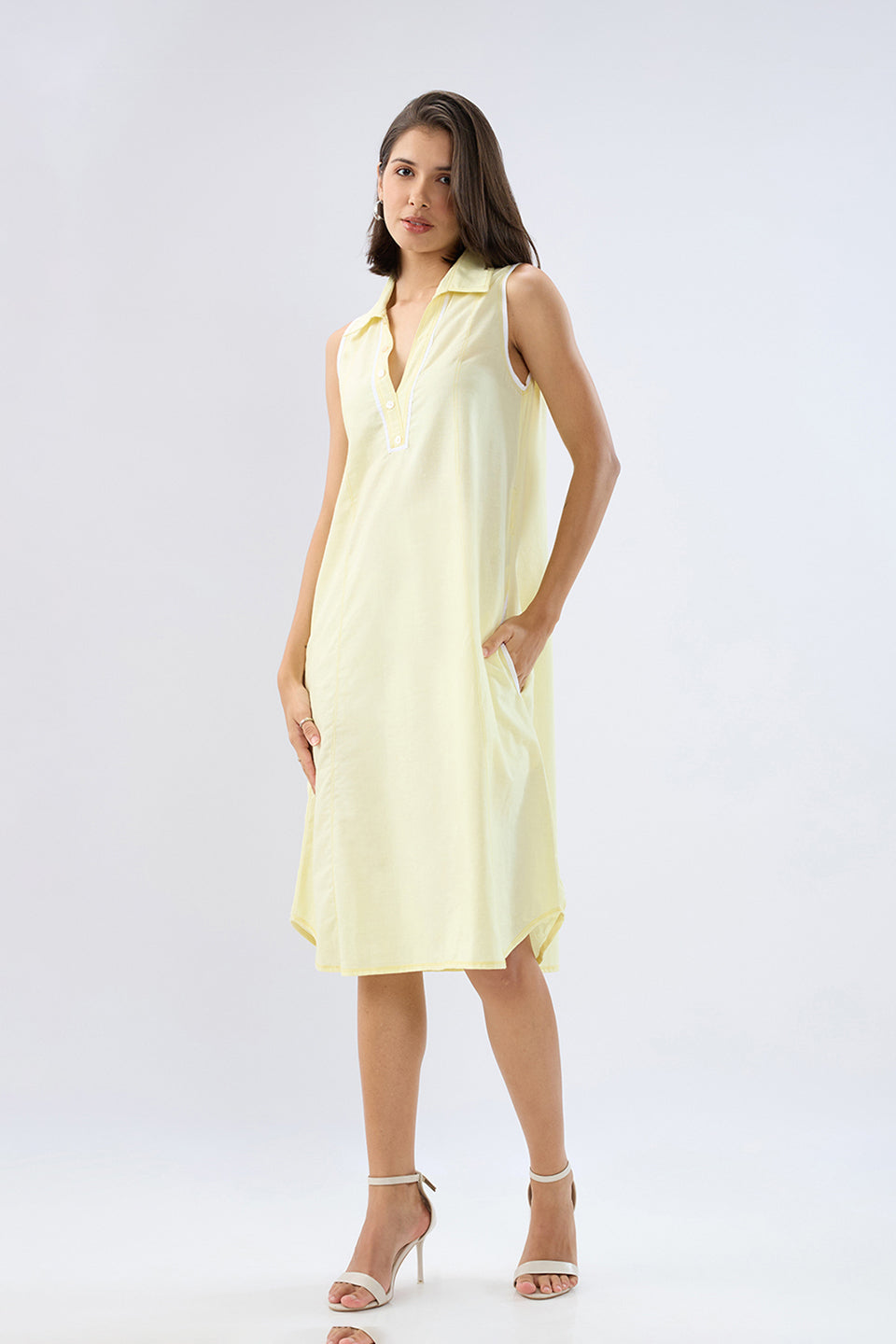 Yellow Sleeveless A-line tie-up dress