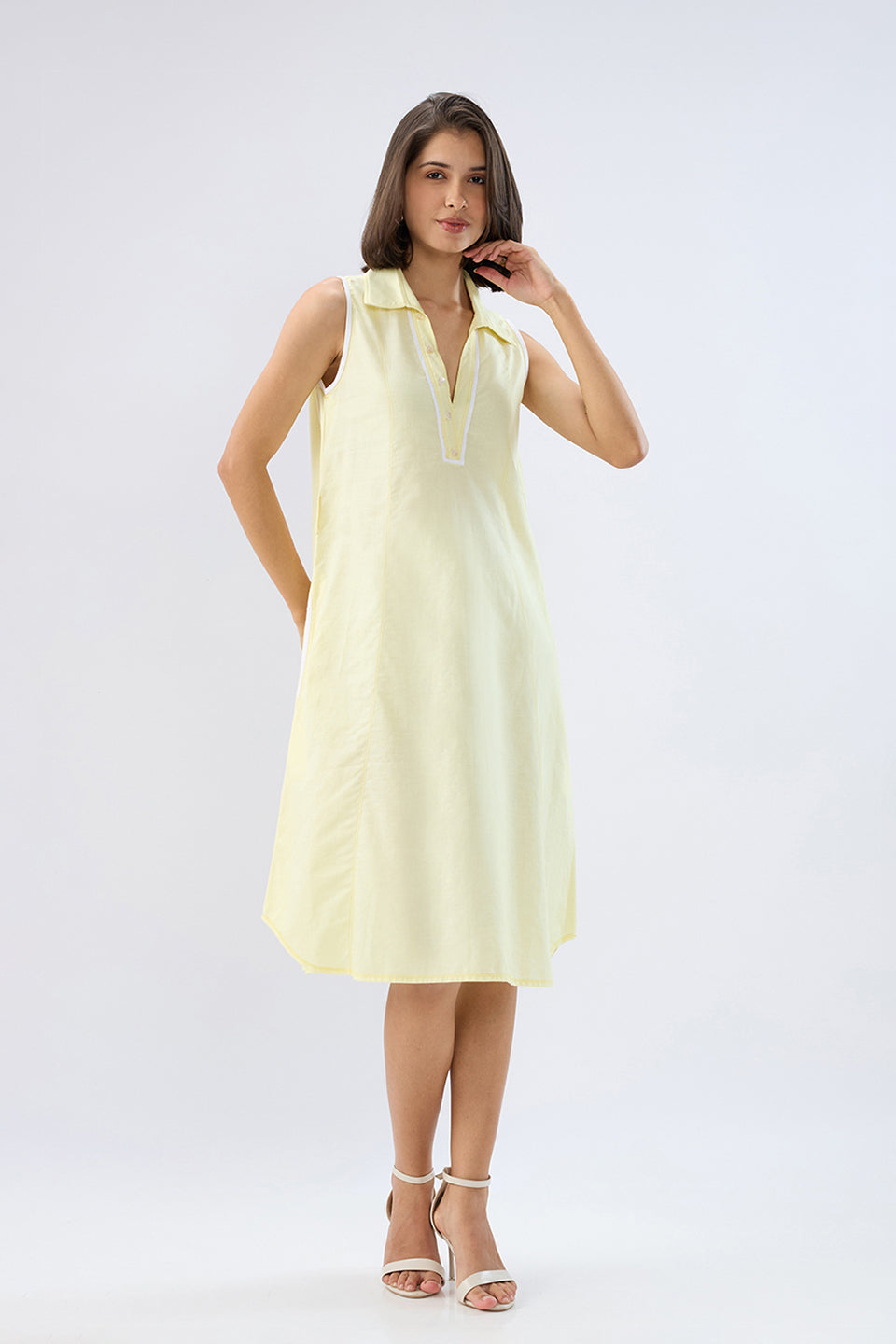 Yellow Sleeveless A-line tie-up dress