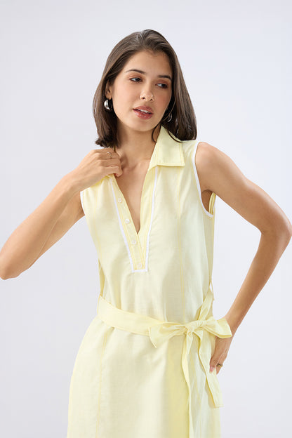 Yellow Sleeveless A-line tie-up dress