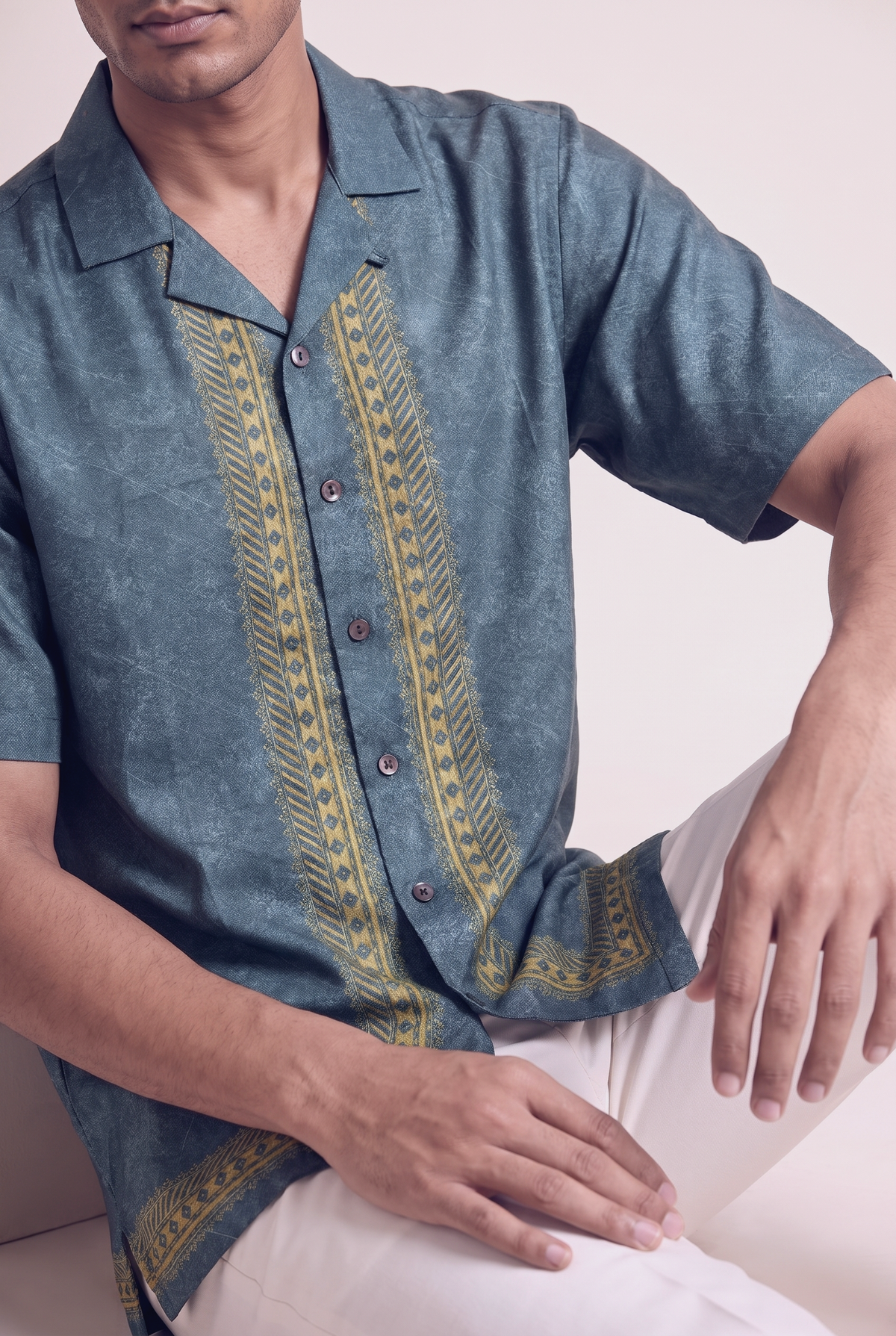 Teal Regal Silk Cuban Collar Shirt