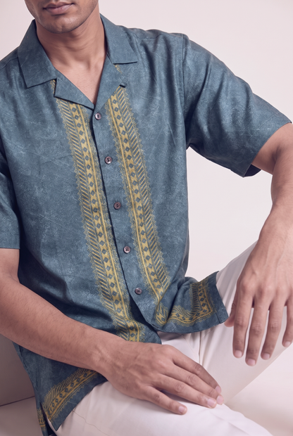 Teal Regal Silk Cuban Collar Shirt