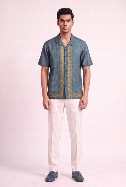 Teal Regal Silk Cuban Collar Shirt