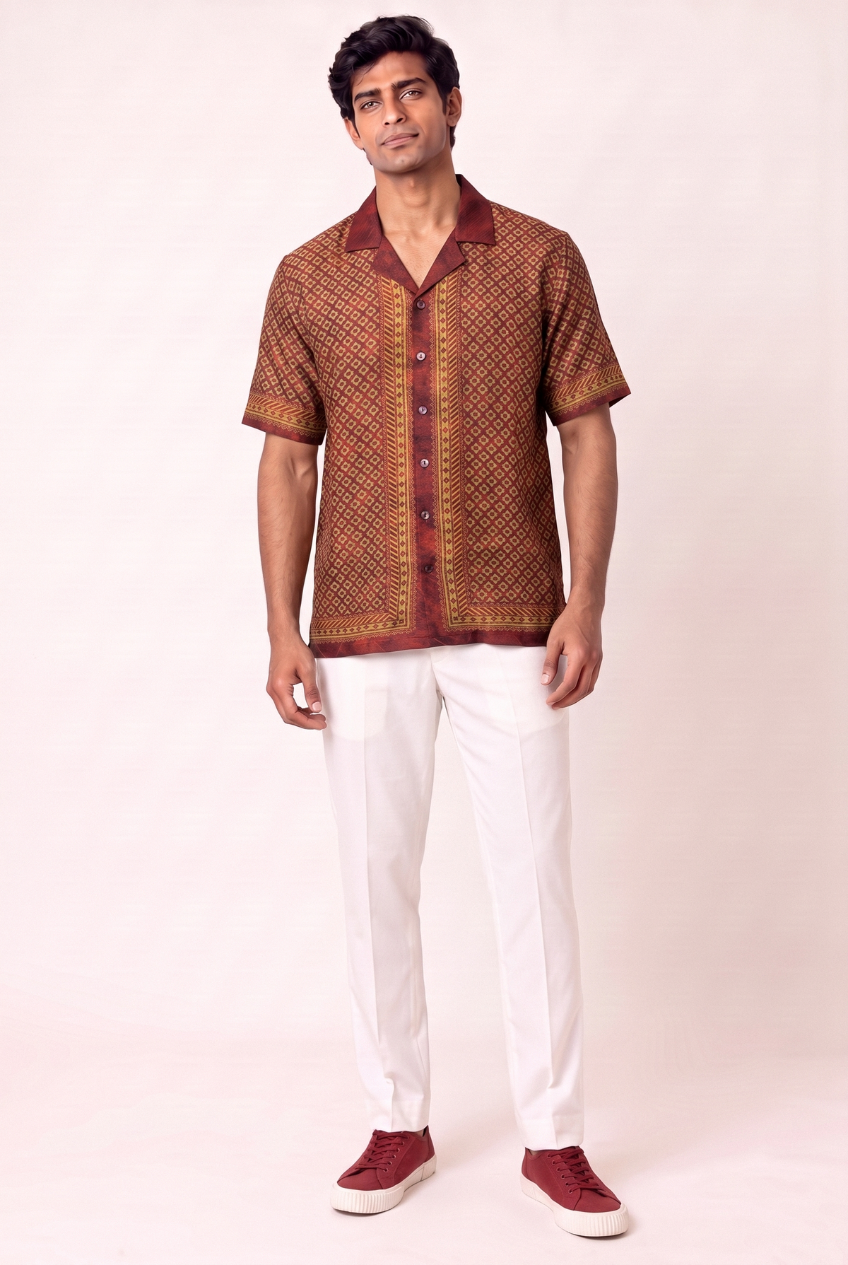 Maroon Mosiac Silk Cuban Collar Shirt