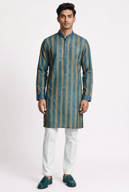 Teal Linear Silk Kurta