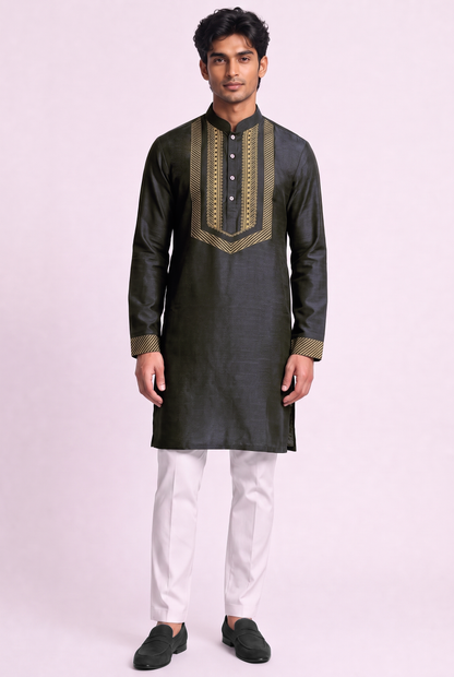 Black Ornate Silk Kurta